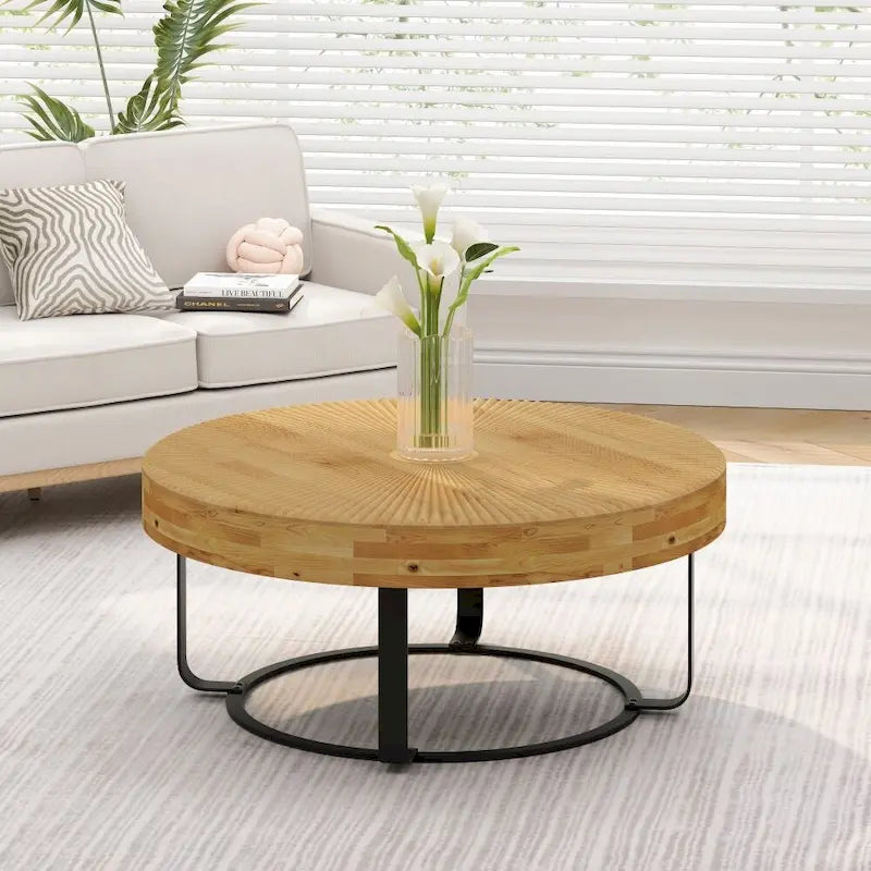 Mesa de Centro Redonda de Pino Natural con Patas de Metal, 2 Colores, Requiere Montaje por 1 Persona