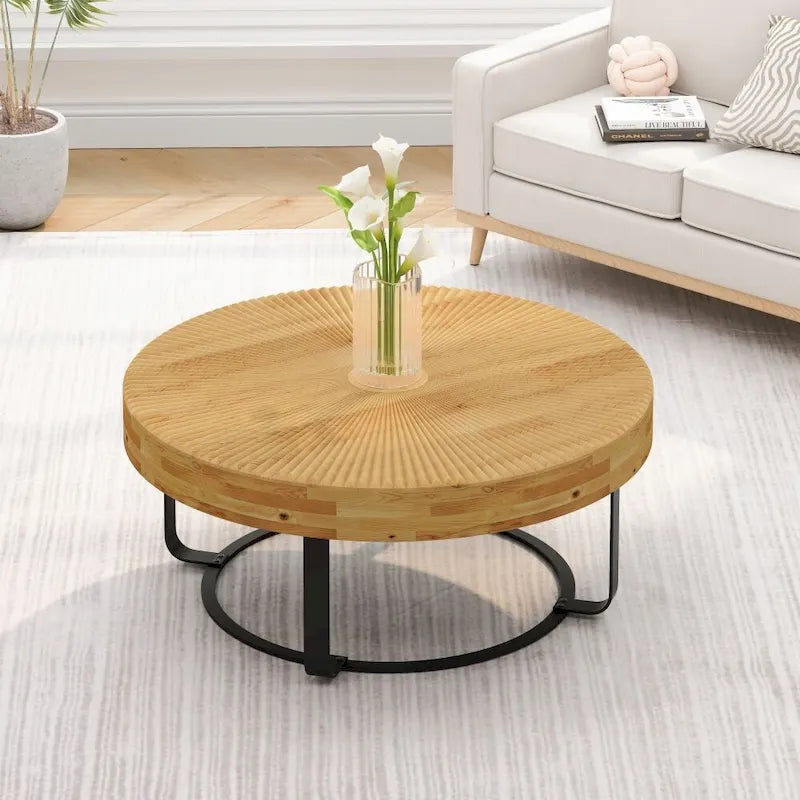 Mesa de Centro Redonda de Pino Natural con Patas de Metal, 2 Colores, Requiere Montaje por 1 Persona