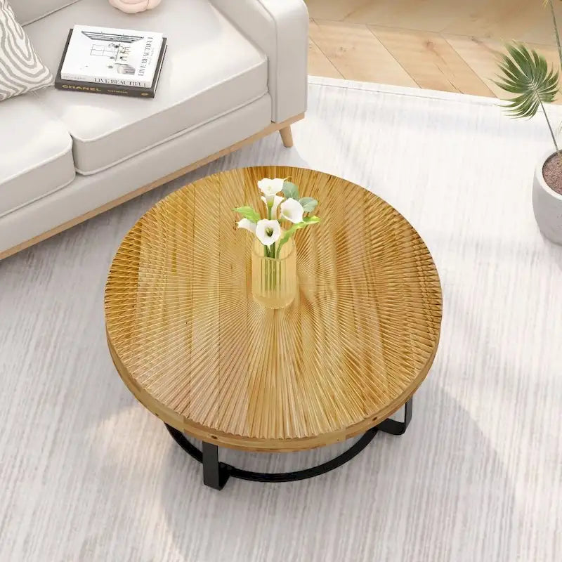 Mesa de Centro Redonda de Pino Natural con Patas de Metal, 2 Colores, Requiere Montaje por 1 Persona