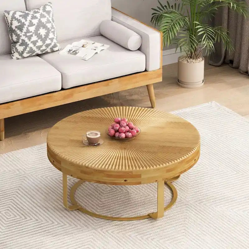 Mesa de Centro Redonda de Pino Natural con Patas de Metal, 2 Colores, Requiere Montaje por 1 Persona