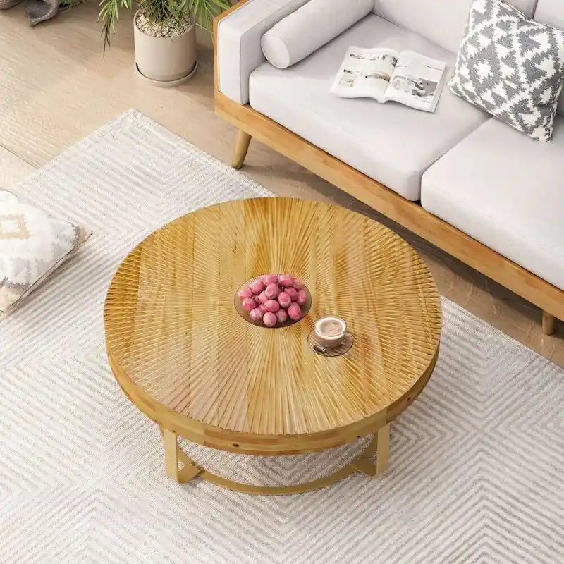 Mesa de Centro Redonda de Pino Natural con Patas de Metal, 2 Colores, Requiere Montaje por 1 Persona